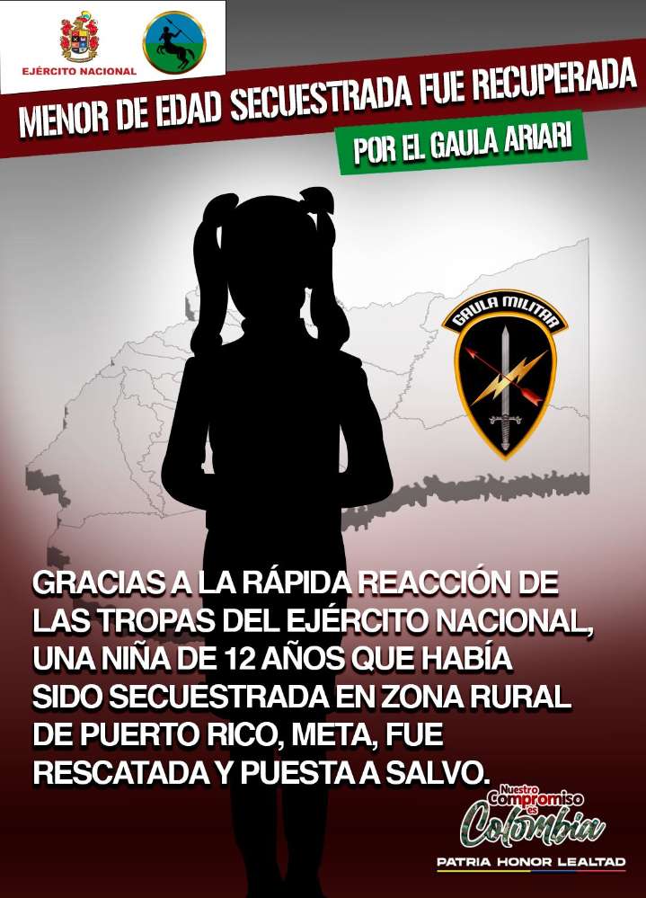 Menor de edad secuestrada fue rescatada por el Gaula Militar Ariari en el Meta