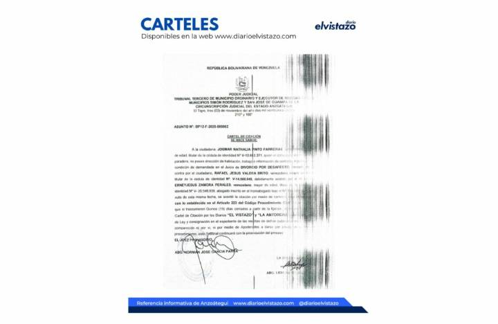 Cartel de Divorcio del Tribunal Tercero de los municipios Simón Rodríguez y Guanipa en atención a Josmar Nathalia Pinto Farreras y Rafael Jesús Valera Brito