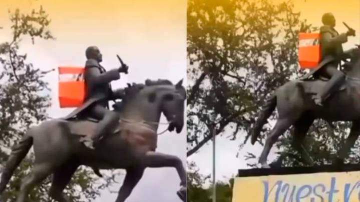 Le colgaron una mochila de reconocida plataforma de domicilios a estatua de Simón Bolívar en Bucaramanga