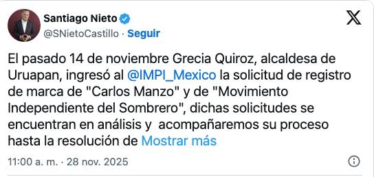 Grecia Quiroz, Alcaldesa de Uruapan solicita al IMPI registrar como marca el nombre de Carlos Manzo.