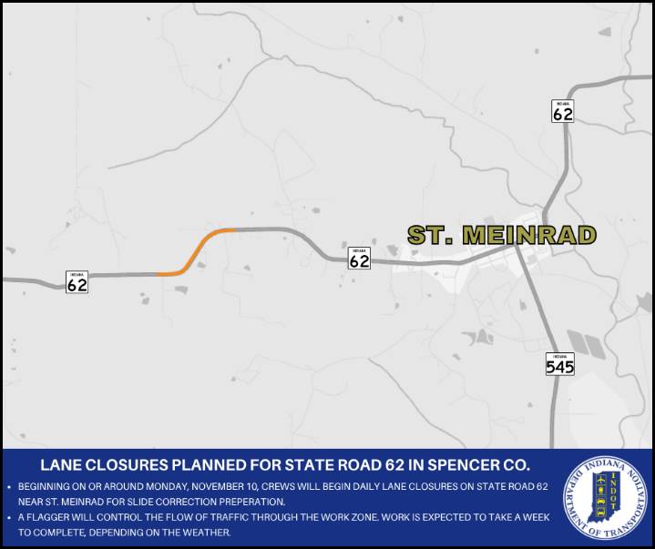 Lane closure planned for State Road 62 in Spencer County