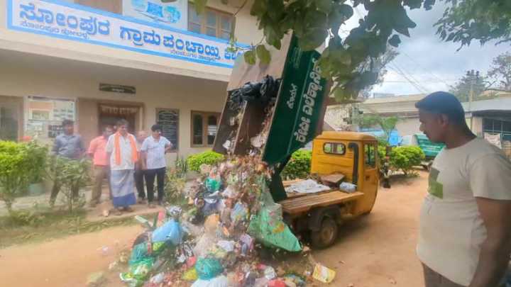 Residents protest by dumping garbage in front of panchayat office in Nelamangala
