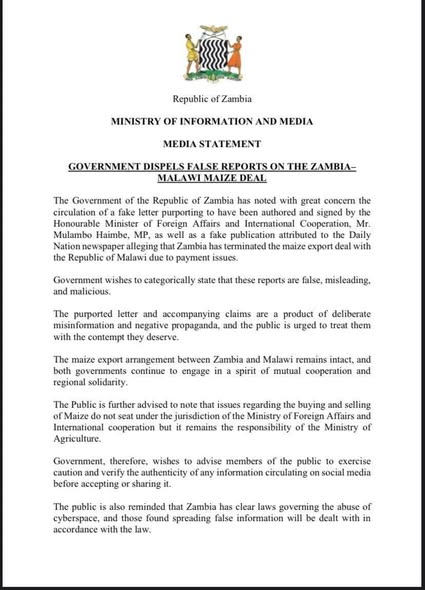 Zambia Denounces Forged Letter Claiming End of Maize Deal with Malawi