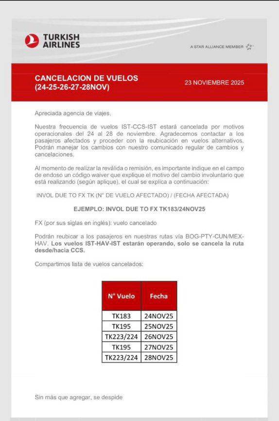 Turkish Airlines también anunció la cancelación de vuelos de la ruta Caracas