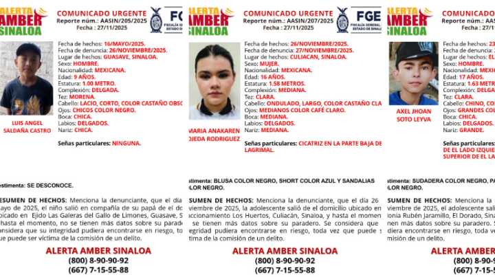Activan tres Alertas Amber en Guasave, Culiacán y El Dorado por desaparición de menores