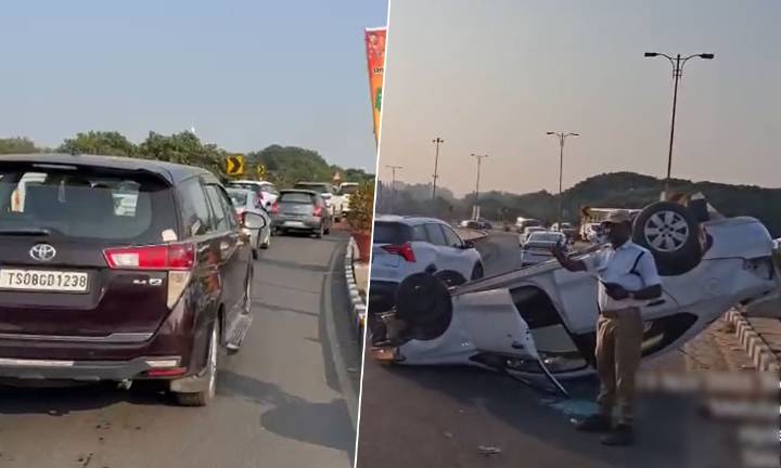 Car Overturns on PVNR Expressway, Heavy Traffic Jam at Mehdipatnam