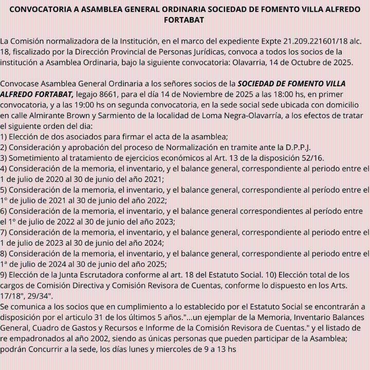 Convocatoria a asamblea general ordinaria Sociedad de Fomento Villa Alfredo Fortabat