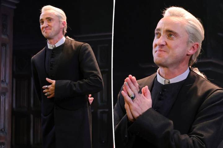 Tom Felton cries as Draco Malfoy in 'Harry Potter and the Cursed Child' debut