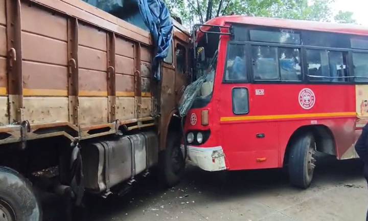 RTC Bus Collides with Lorry Near Tandur; Driver Sustains Head Injuries