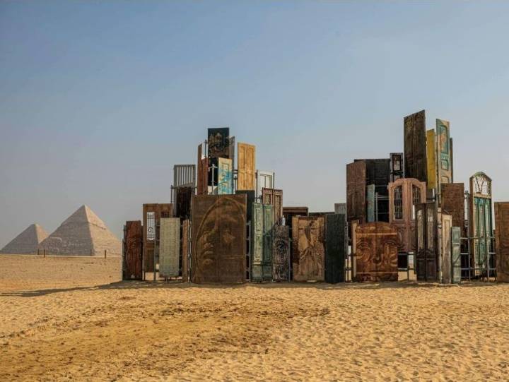 Monumental art on display in shade of Egypt's pyramids