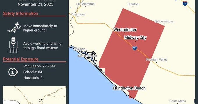 Flash flood warning issued for Huntington Beach, Westminster