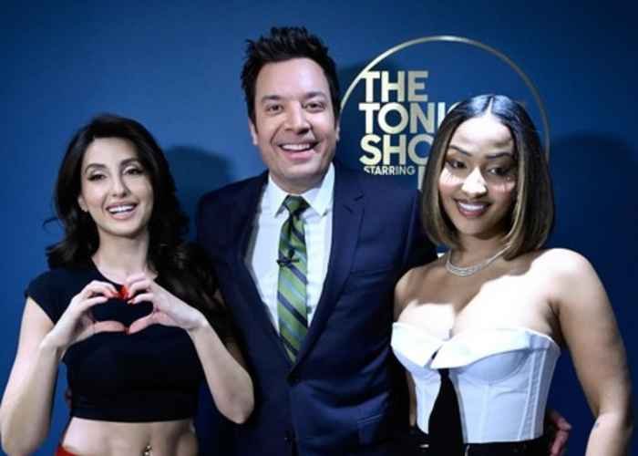 Nora Fatehi poses with Jimmy Fallon as she makes her debut on ‘The Tonight Show’