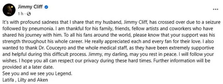 Jamaican reggae legend Jimmy Cliff dies aged 81