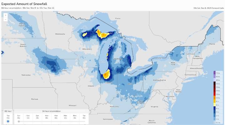Color-coded map shows how much snow will fall in Michigan by Monday