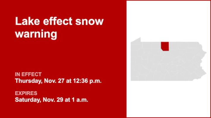 Lake effect snow warning affecting Potter County until 1 a.m. Saturday