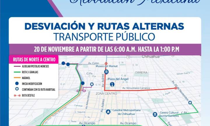 Anuncia Subsecretaría de Transporte modificaciones en rutas por desfile del 20 de noviembre
