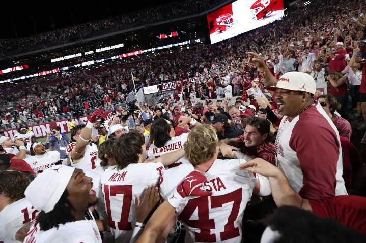 Oklahoma players celebrate to Dixieland Delight after beating Alabama football