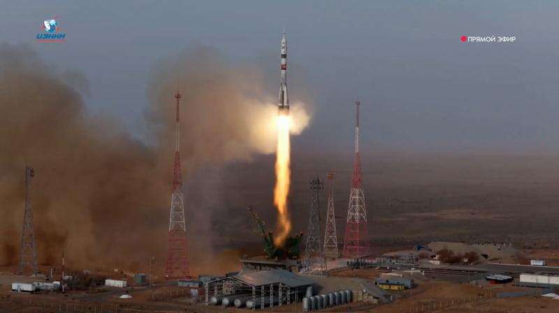 US-Russian crew of 3 blasts off to the International Space Station in a Russian Soyuz spacecraft