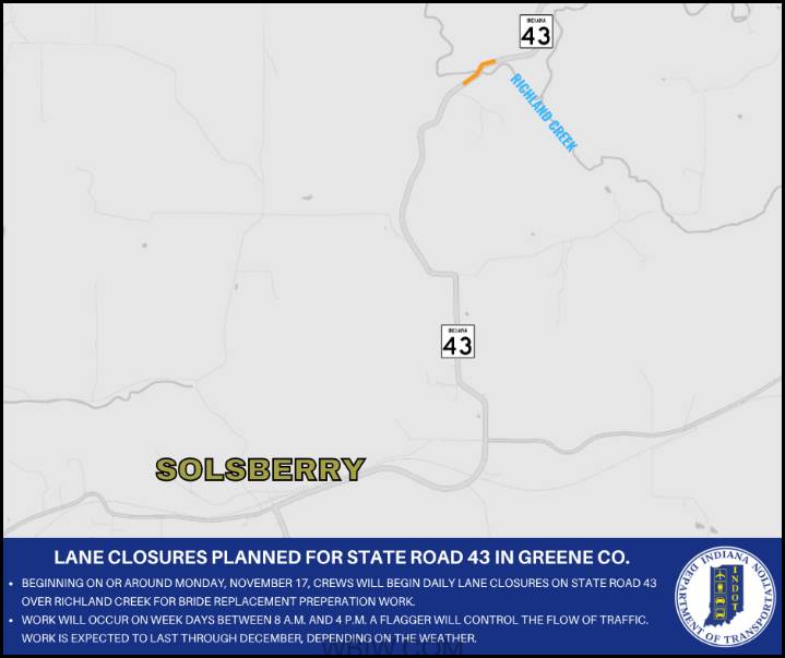 Lane closure planned for State Road 43 in Greene County