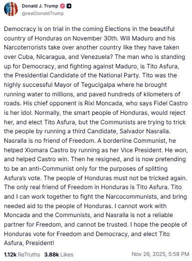 Trump dice que «narcoterroristas» buscan tomar el control de Honduras y pide votar por este candidato