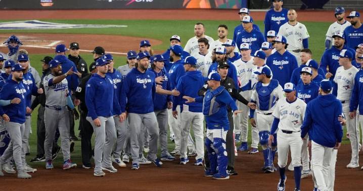 Benches clear at Game 7 of World Series after LA’s Wrobleski hits Toronto’s Giménez with fastball