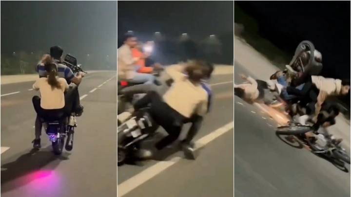 Caught on camera: Risky bike stunt without helmets ends in crash, sparks outrage