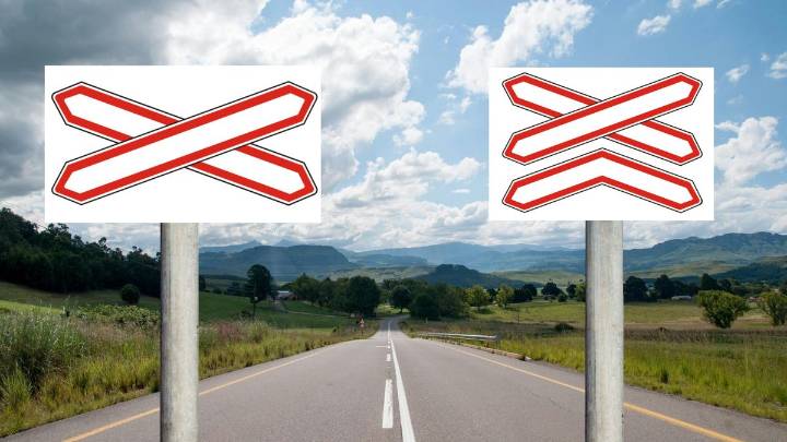 ¿Cuál es la diferencia entre estas dos señales de tránsito con forma de "Cruz de San Andrés" y qué significan?