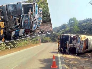 Ankola: Methane gas tanker overturns near Agasuru, traffic diverted