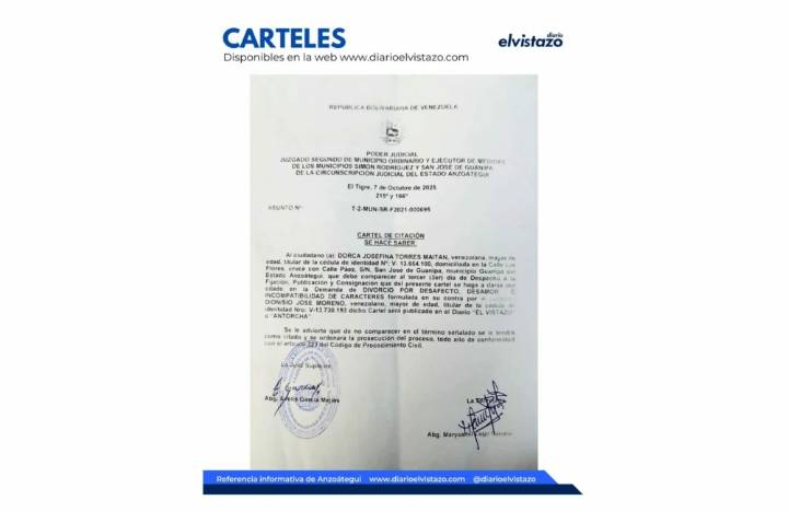 Cartel de Divorcio del Juzgado Segundo de los municipios Simón Rodríguez y Guanipa en atención a Dorca Josefina Torres Maitán y Dionisio José Moreno