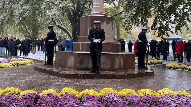 Torontonians gather in the snow to mark Remembrance Day