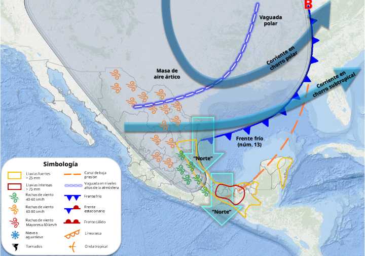 Frente frío No.13 provocará lluvias intensas en el sureste y oriente del país