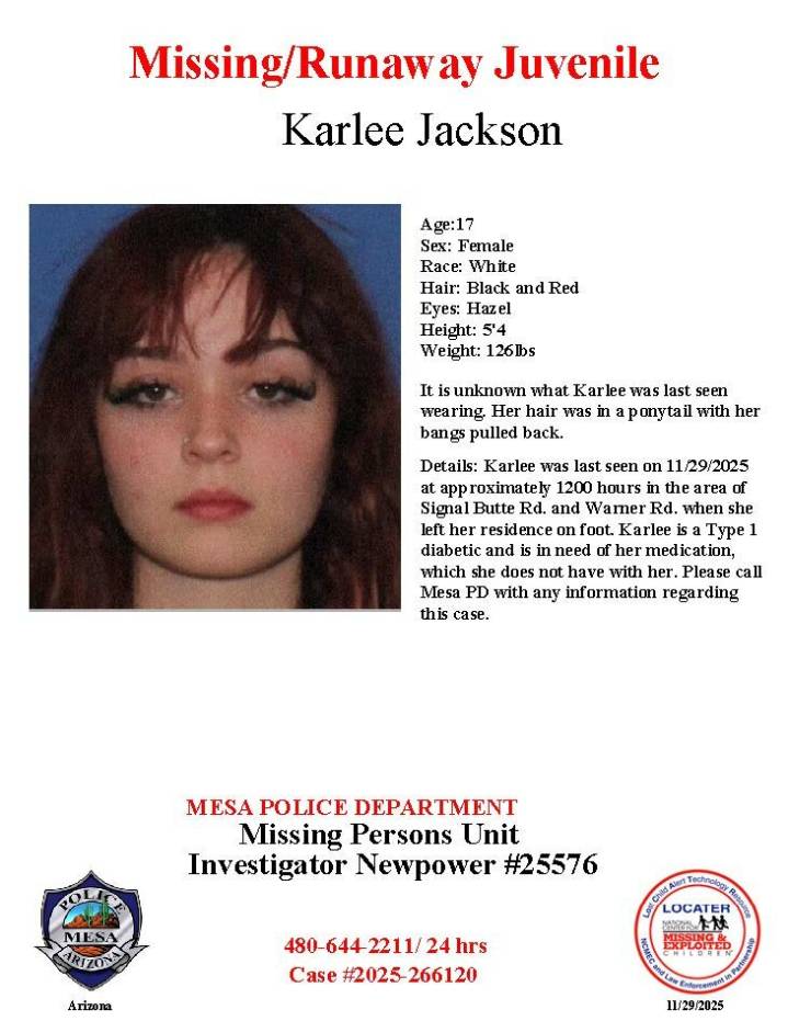 Karlee Jackson, 17, missing from Mesa, police say
