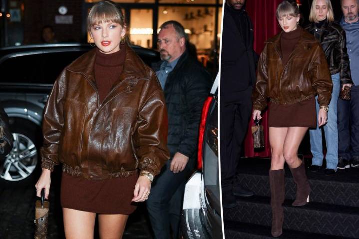 Taylor Swift wears monochromatic brown outfit with leather jacket and suede boots in NYC
