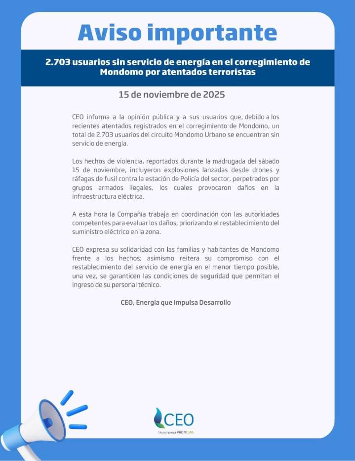 2.703 usuarios sin energía en Mondomo por atentados terroristas, confirma CEO