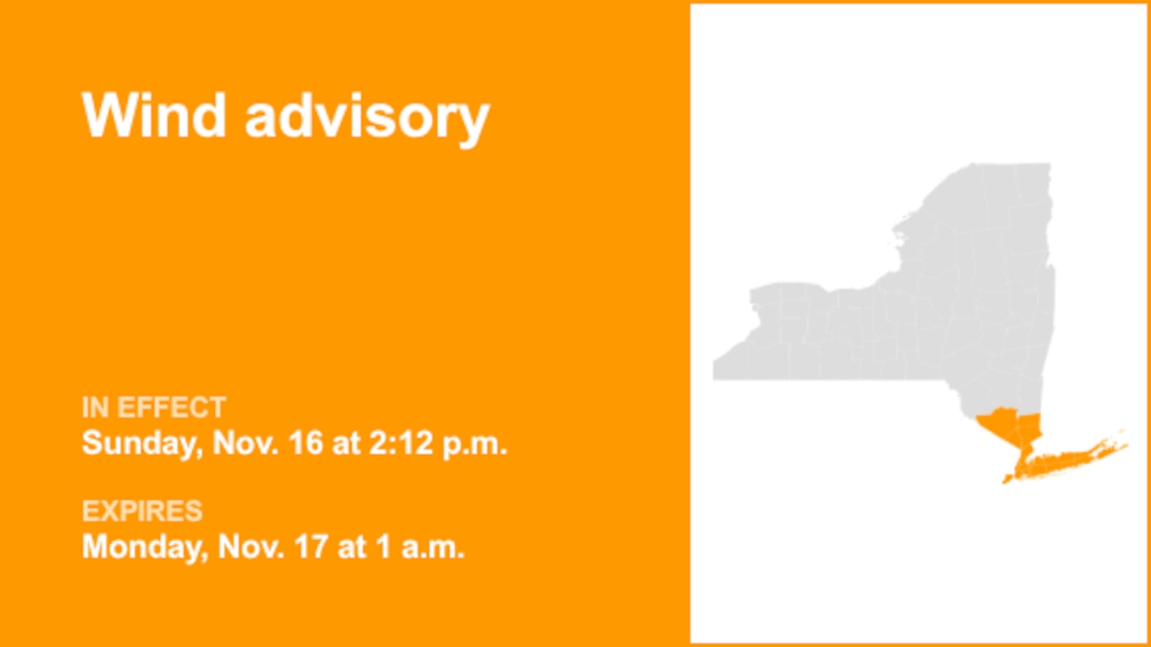 Wind advisory active for New York until 1 a.m. Monday