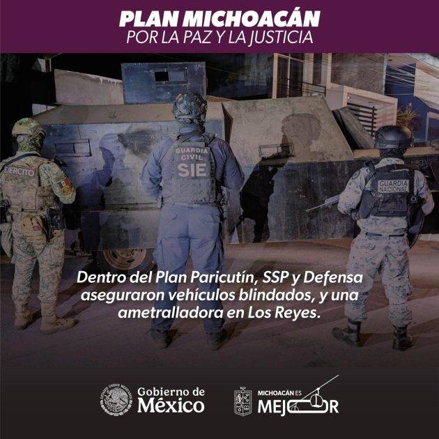 En Plan Paricutín, SSP y Defensa aseguran vehículos blindados y ametralladora