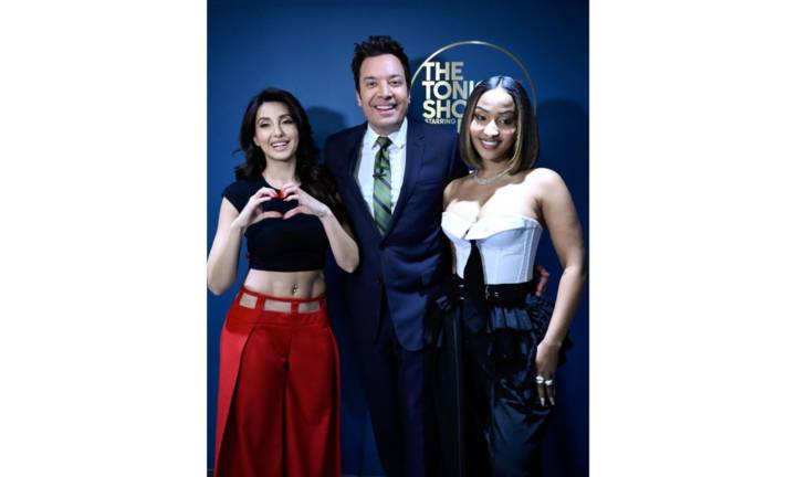 Nora Fatehi poses with Jimmy Fallon as she makes her debut on ‘The Tonight Show’