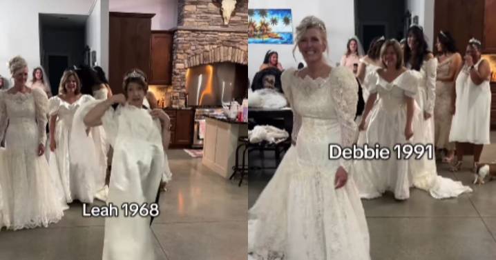 Mujeres celebran una fiesta usando sus vestidos de novia originales y se vuelven virales