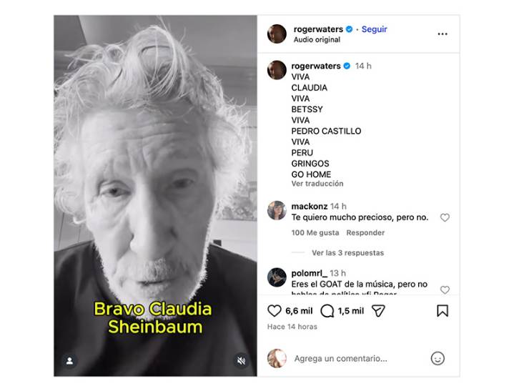 Roger Waters aplaude a Sheinbaum por otorgar asilo político a exprimera ministra de Perú