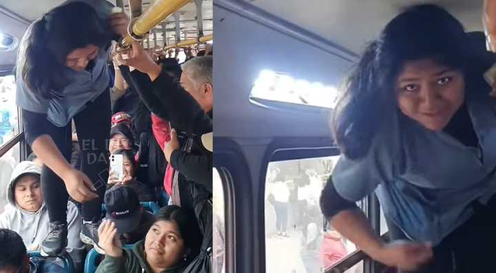Bus va repleto en pleno paro y cobradora camina encima de sus pasajeros para pedir el dinero: "Así todos pagan"