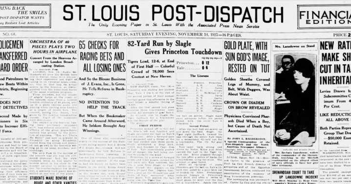See the Nov. 14, 1925, front page: Gold plate, with sun's image on it, rested on Tut