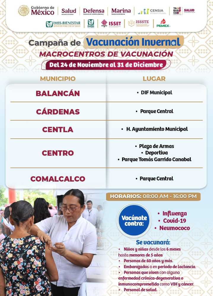 Tabasco refuerza vacunación con Macrocentros en los 17 municipios