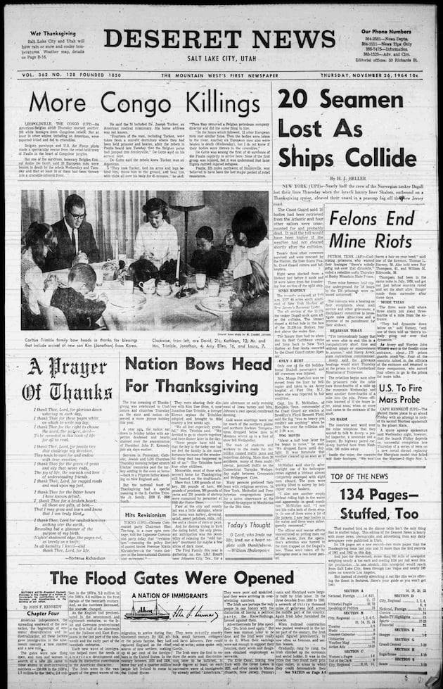 Deseret News archives: Celebration of Thanksgiving got its first official boost on this day in 1789