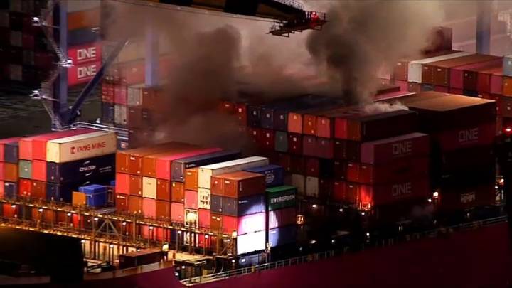 Crews battle container ship fire in San Pedro