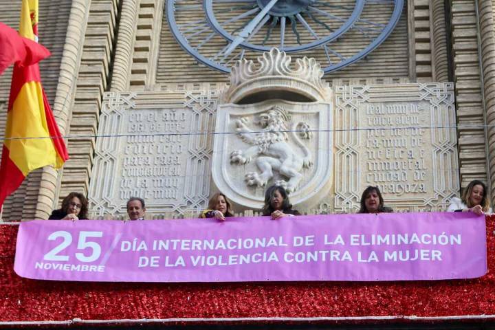 Zaragoza tiñe sus fachadas de morado en un 25N de firme rechazo a la violencia contra las mujeres