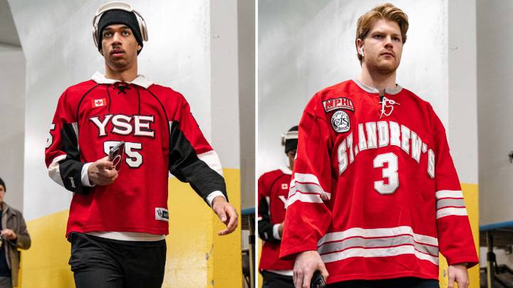 Foegele, Byfield wear old junior hockey jerseys before game in Toronto