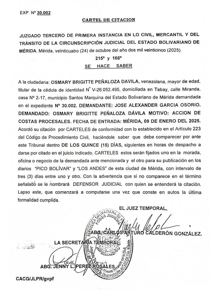 Cartel de citación a la ciudadana OSMARY BRIGITTE PEÑALOZA DAVILA, titular de la cédula de identidad N° V