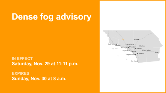 Dense fog advisory in place for 5 Freeway through Grapevine until Sunday morning
