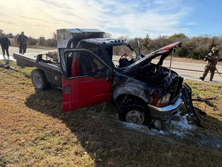 PHOTOS: Pickup burnt after fire in Cowley County