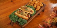 Cheddar Cheese Dogs with Cider-Braised Leeks and Apples
